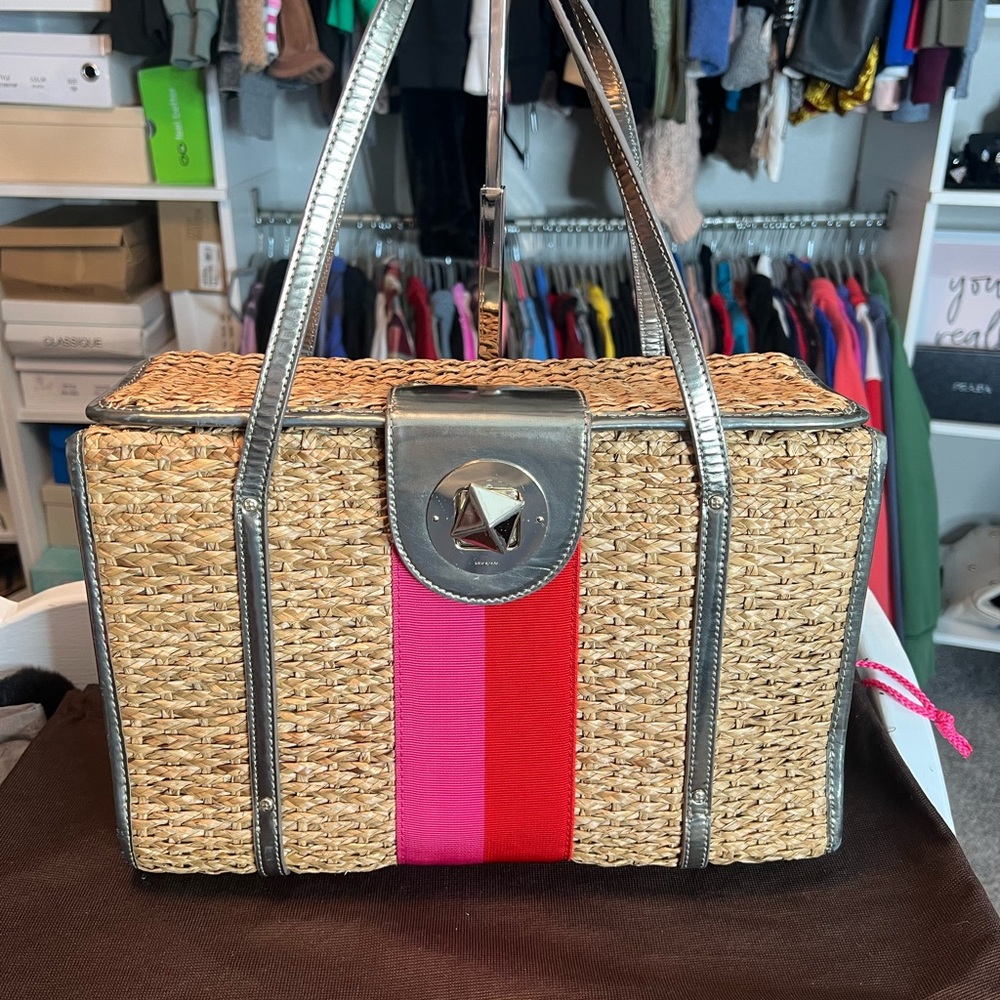 Kate Spade Tan and Red Woven Tote Bag
